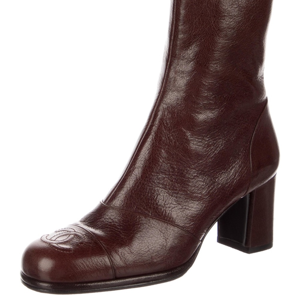 CHANEL  CC Monogram Mid-Calf Booties Pristine Burgundy sz 37.5